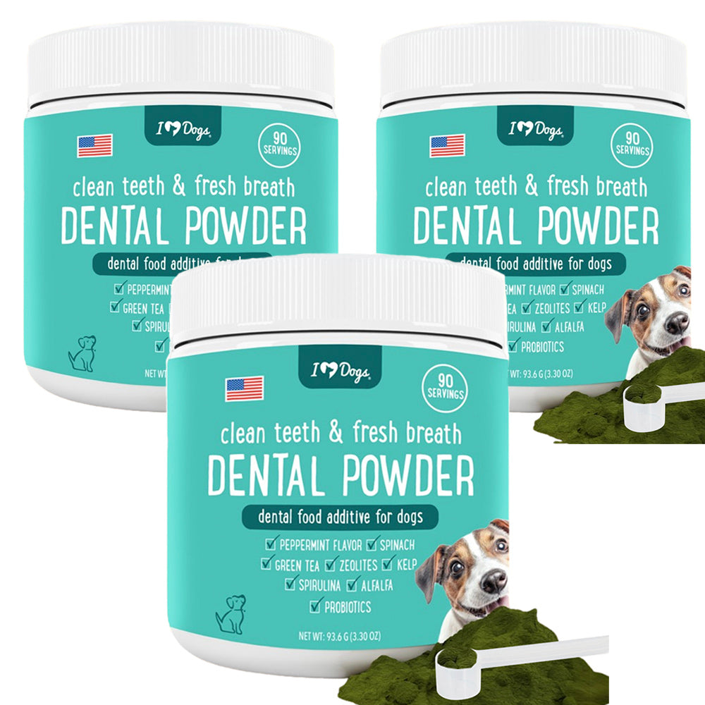 Buy 3 and Save! iHeartDogs Dental Powder- Fresh Breath & Teeth Cleaning Made Easy -Natural Zeolites, Peppermint Flavor, Spirulina, Chlorella, Green Tea, Alfalfa with Probiotics