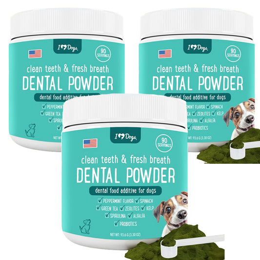 Buy 3 and Save! iHeartDogs Dental Powder- Fresh Breath & Teeth Cleaning Made Easy -Natural Zeolites, Peppermint Flavor, Spirulina, Chlorella, Green Tea, Alfalfa with Probiotics