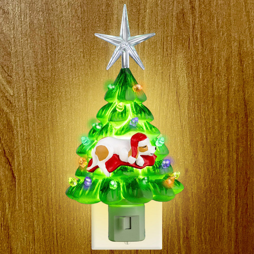 Early Bird Special: iHeartDogs Exclusive - Sleeping Dog Christmas Tree Night Light, Large  6",  Nostalgic, Hand Crafted Resin Christmas Tree, Holiday Home Decor for Bathroom, Kitchen, Family Room