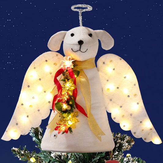 A ‘Christmas Miracle’ Angel Dog Tree Topper- Lighted Poinsettia Garland & Wings – Helps Feed 30 Hungry Shelter Dogs in Need -Faire