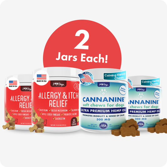 Set of 2 Bacon Flavored Hemp Calming Soft Chews and 2 Allergy & Itch Relief for Dogs with Salmon Oil, Quercetin, Colostrum, Antioxidants and Probiotics