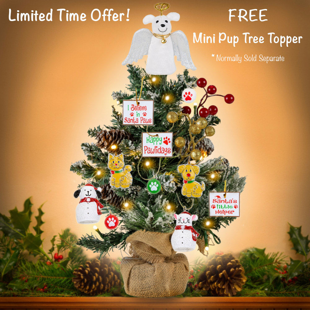 Early Bird Special- Free Mini Pup Tree Topper with  Mini 14" Table Top Christmas Tree includes 10 pc Dog & Cat Ornament Set -Battery Operated, LED String Lights, Flocking , Red Berries, Pinecones