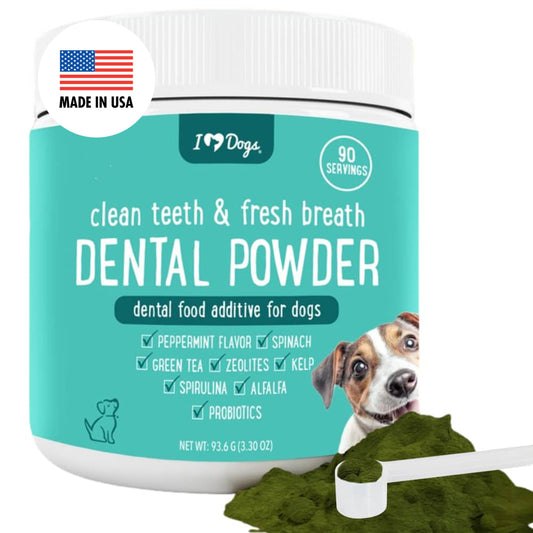 iHeartDogs Dental Powder- Fresh Breath & Teeth Cleaning Made Easy -Natural Zeolites, Peppermint Flavor, Spirulina, Chlorella, Green Tea, Alfalfa with Probiotics – 90 Servings