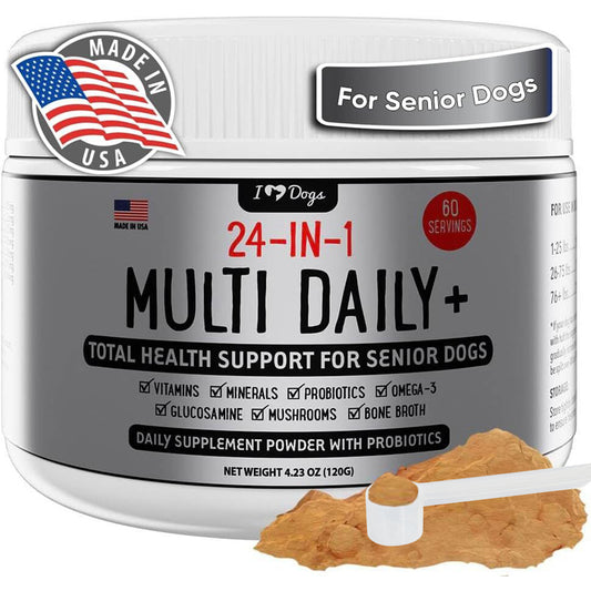 iHeartDogs 24-in-1 SENIOR Multivitamin Daily+ Total Health Support Powder with Probiotics, Omega-3, Glucosamine, Mushrooms & Bone Broth- 60 Servings