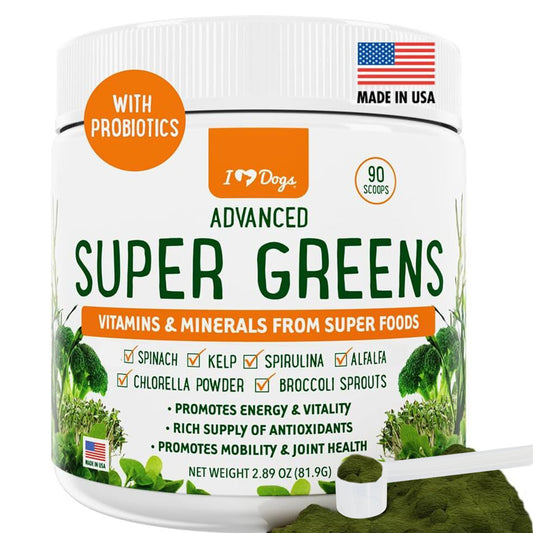 Super-Greens: Vitamin, Mineral & Probiotic Supplement for Dogs with Spirulina, Kelp, Green Tea, Spinach, Chlorella, & Brocolli Sprouts - 90 Scoops -Faire
