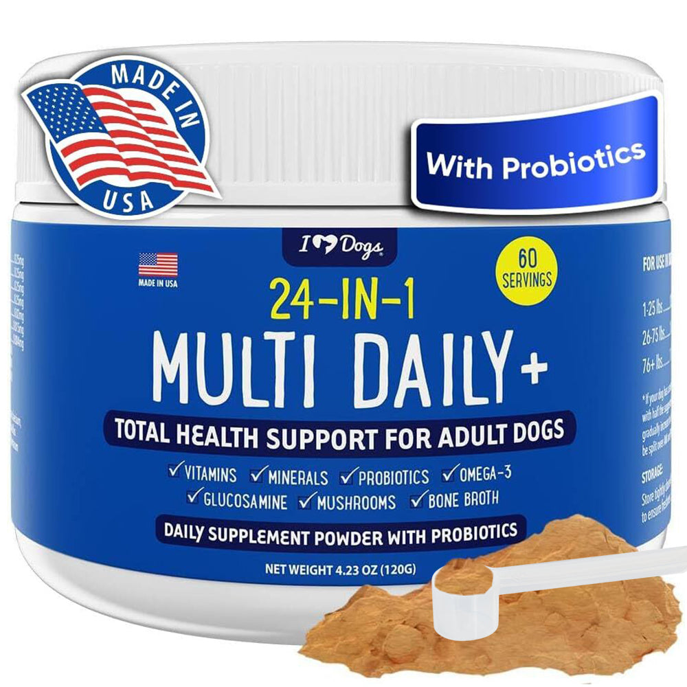 iHeartDogs 24-in-1 Adult Multivitamin Daily+ Total Health Support Powder with Probiotics, Omega-3, Glucosamine, Mushrooms & Bone Broth- 60 Servings