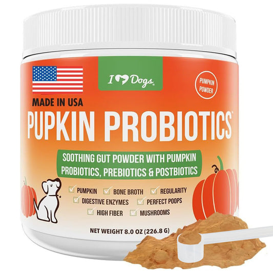 iHeartDogs Pupkin™ Probiotics, Prebiotics, & Postbiotics for Dogs with Pumpkin, Gut Soothing Bone Broth & Mushrooms- 30 scoops