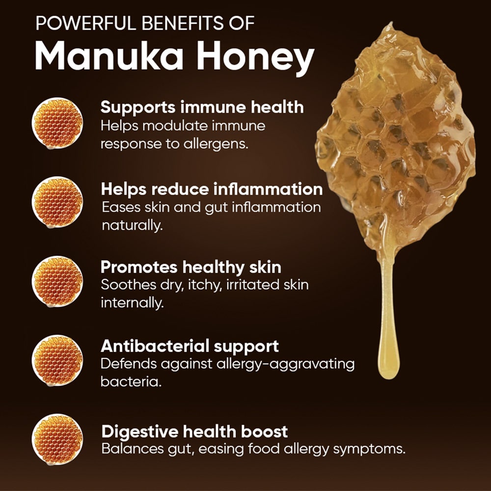 GET A FREE Paw, Nose & Skin Healing Balm with Purchase of 2 Honey Guard™ – Allergy & Itch Omega-3-6-9 Powder Extra Strength with Manuka Honey, Quercetin, Colostrum, Krill Oil and Probiotics