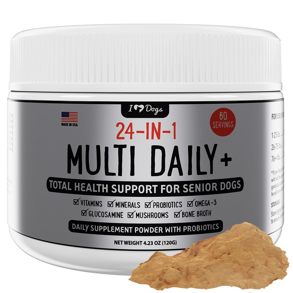 BUY 2 and SAVE 13%! iHeartDogs 24-in-1 SENIOR Multivitamin Daily+ Total Health Support Powder with Probiotics, Omega-3, Glucosamine, Mushrooms & Bone Broth