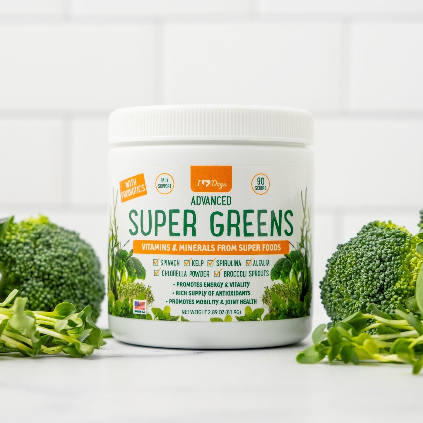 Super-Greens: Vitamin, Mineral & Probiotic Supplement for Dogs with Spirulina, Kelp, Green Tea, Spinach, Chlorella, & Brocolli Sprouts - 90 Scoops