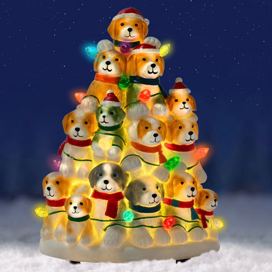 Holiday Puppies Hand Crafted Light Up Resin Christmas Tree- Helps Feed Shelter Dogs in Need