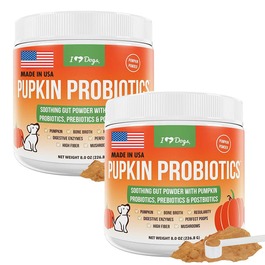 SET of 2 iHeartDogs Pupkin™ Probiotics, Prebiotics, & Postbiotics for Dogs with Pumpkin, Gut Soothing Bone Broth & Mushrooms- 30 scoops