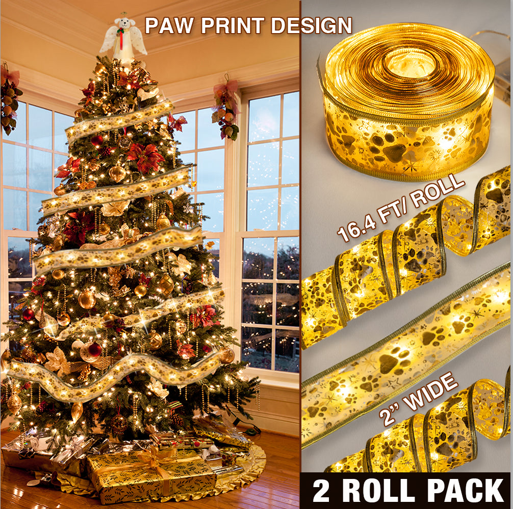 Christmas Ribbon Lights Paws & Stars - Holiday Garland Lighted Decoration -Battery Operated 16.4 ft /roll - 2 Pack