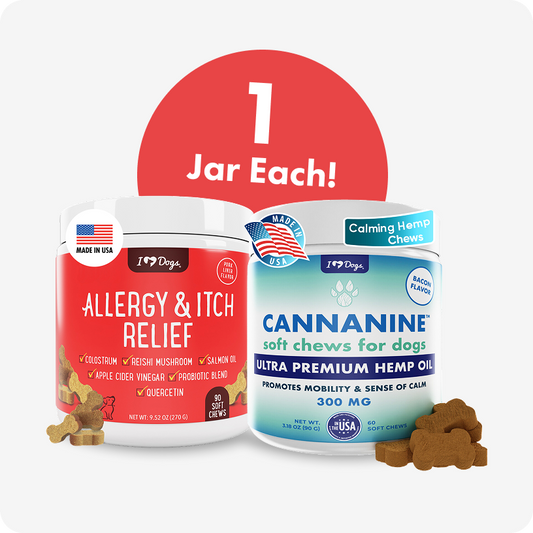 Set of 1 Bacon Flavored Hemp Calming Soft Chews and 1 Allergy & Itch Relief for Dogs with Salmon Oil, Quercetin, Colostrum, Antioxidants and Probiotics- 90 Count