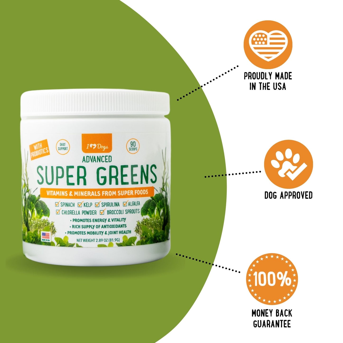 Super-Greens: Vitamin, Mineral & Probiotic Supplement for Dogs with Spirulina, Kelp, Green Tea, Spinach, Chlorella, & Brocolli Sprouts - 90 Scoops