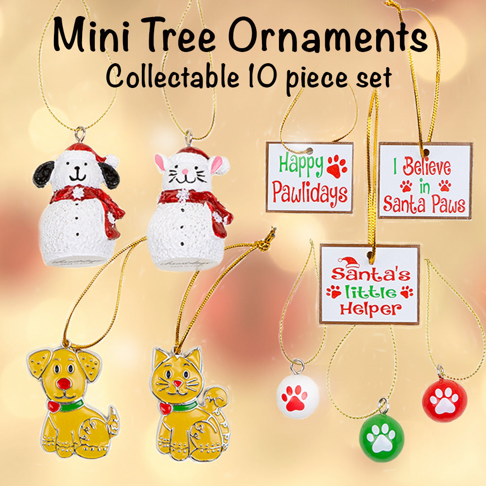 Early Bird Special- Free Mini Cat Tree Topper with Mini 14" Table Top Christmas Tree includes 10 pc Cat & Dog Ornament Set -Battery Operated, LED String Lights, Flocking , Red Berries, Pinecones
